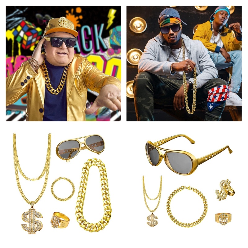NEX Hip Hop Costume Kit 80s 90s Rapper Accessories หมวกแว่นกันแดด Gold Chain Outfit
