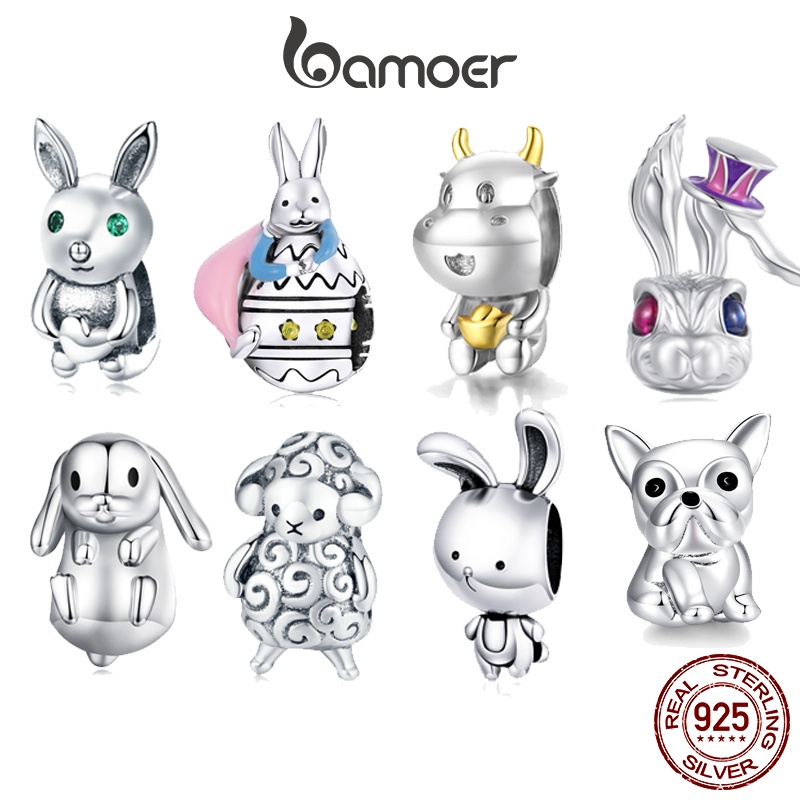 Bamoer จี้ลูกปัดเงิน 925 รูปสัตว์ กระต่าย DIY อุปกรณ์เสริม สําหรับทําสร้อยข้อมือ