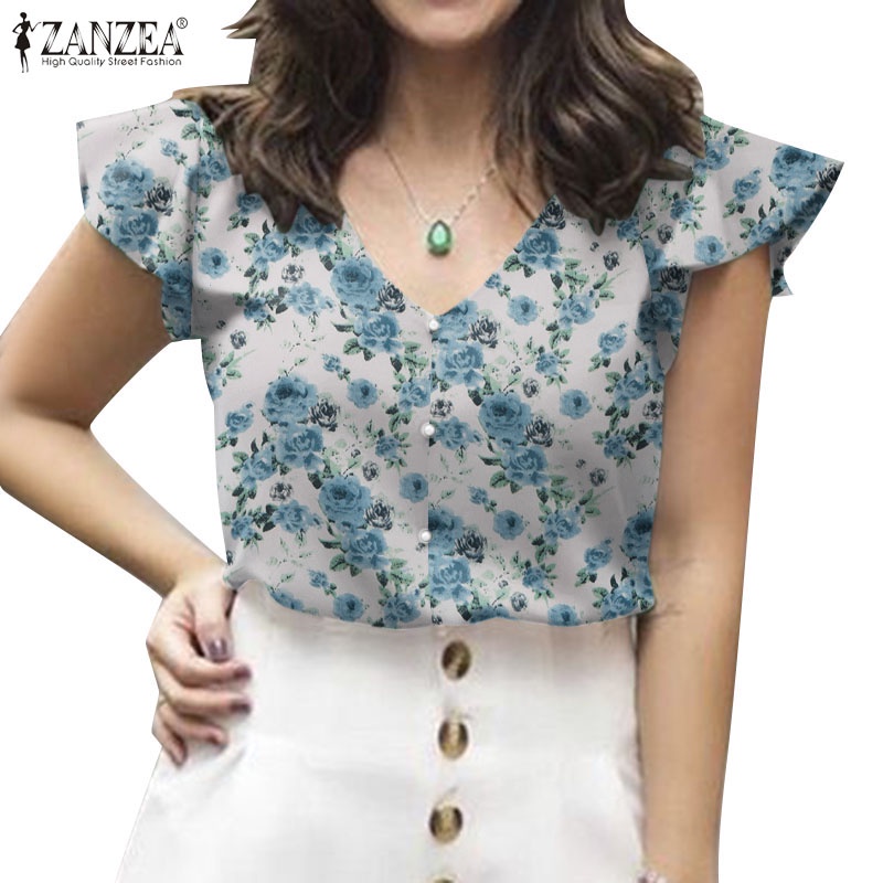 Zanzea เสื้อเบลาส์ คอวี แขนระบาย พิมพ์ลาย สไตล์วินเทจ สําหรับผู้หญิง