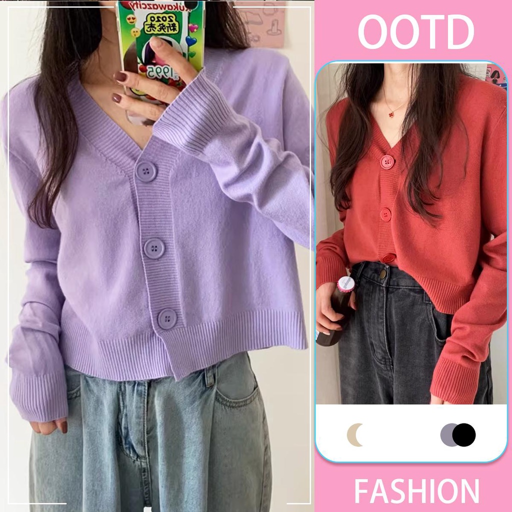 mimi&didi เสื้อครอปสีแดง เสื้อไหมพรมแขนยาว แฟชั่น ย้อนยุคคอวีเอวสูงสั้นถักสีทึบอเนกประสงค์#T612