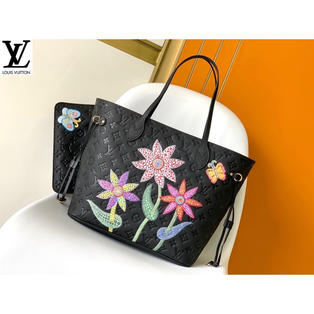 หลุยส์วิตตอง Louis Vuitton lv กระเป๋าถือ m21733 ดอกไม้สีดำสีขาวฤดูกาลใหม่ neverfull กระเป๋าขนาดกลางกระเป๋าสะพาย jsmu