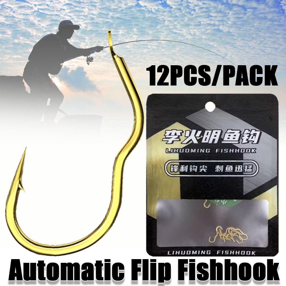 Andin 12 ชิ้น/แพ็คอัตโนมัติ Flip Fishhook, Anti Slip Sharp Barbed Gold Fishing Hook, ตกปลาเหล็กคาร์บอนสูง - รูปที่ 3