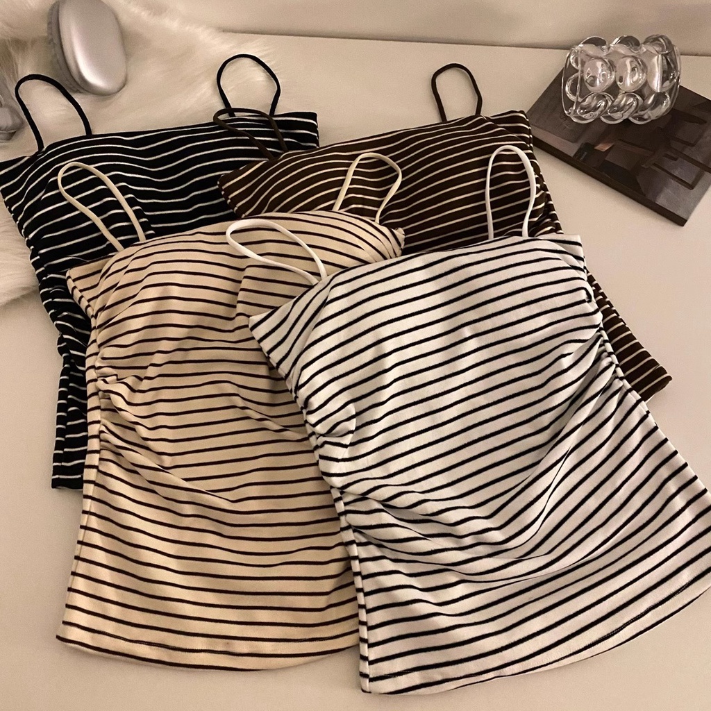 Suxi ย้อนยุค ลายทาง แฟชั่น สไตล์เกาหลี ลําลอง และมินิมอล สลิมฟิต เสื้อกล้ามผู้หญิง แขวน