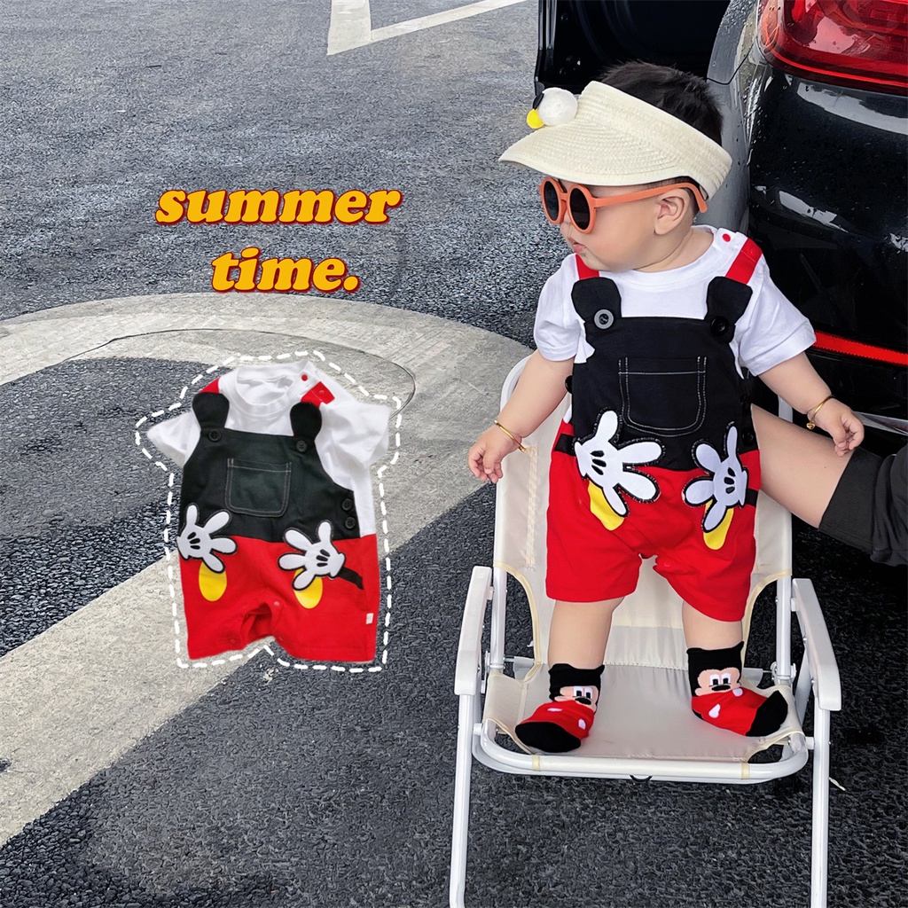 ทารกแรกเกิดเด็กทารกjumpsuitแขนสั้นสายคล้องไหล่mickeyชุด0-24m