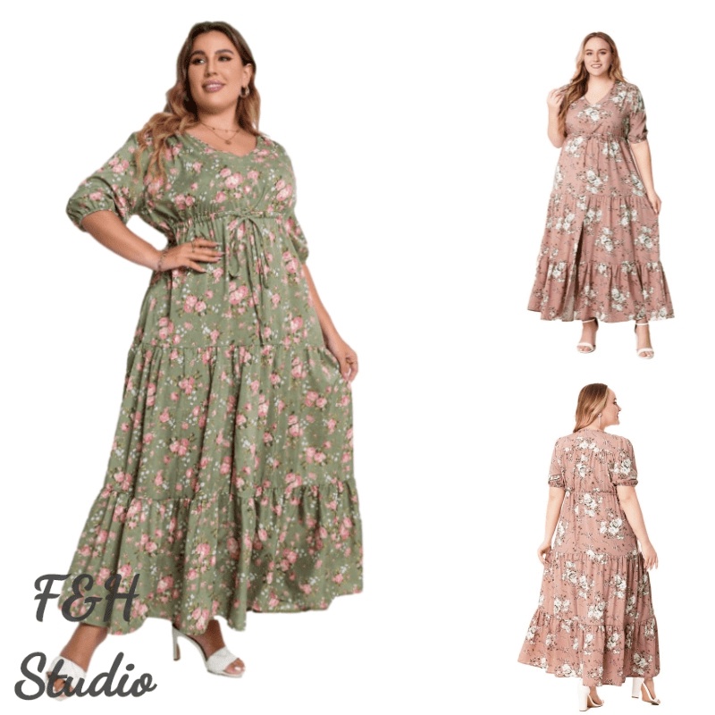 F&H 4060-2 สี XL-5XL Bohemian พิมพ์ V คอ Plus ขนาดผู้หญิงแขนสั้นแยก Hem ชุด