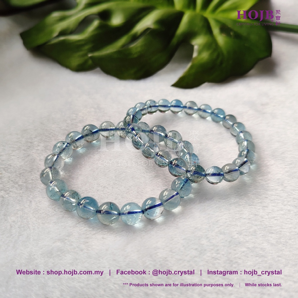 HOJB ธรรมชาติบราซิล Blue Topaz 6A สร้อยข้อมือลูกปัด 8-9 มม.聚天然巴西蓝石(蓝圆黄)6A珠手 8-9 มม.