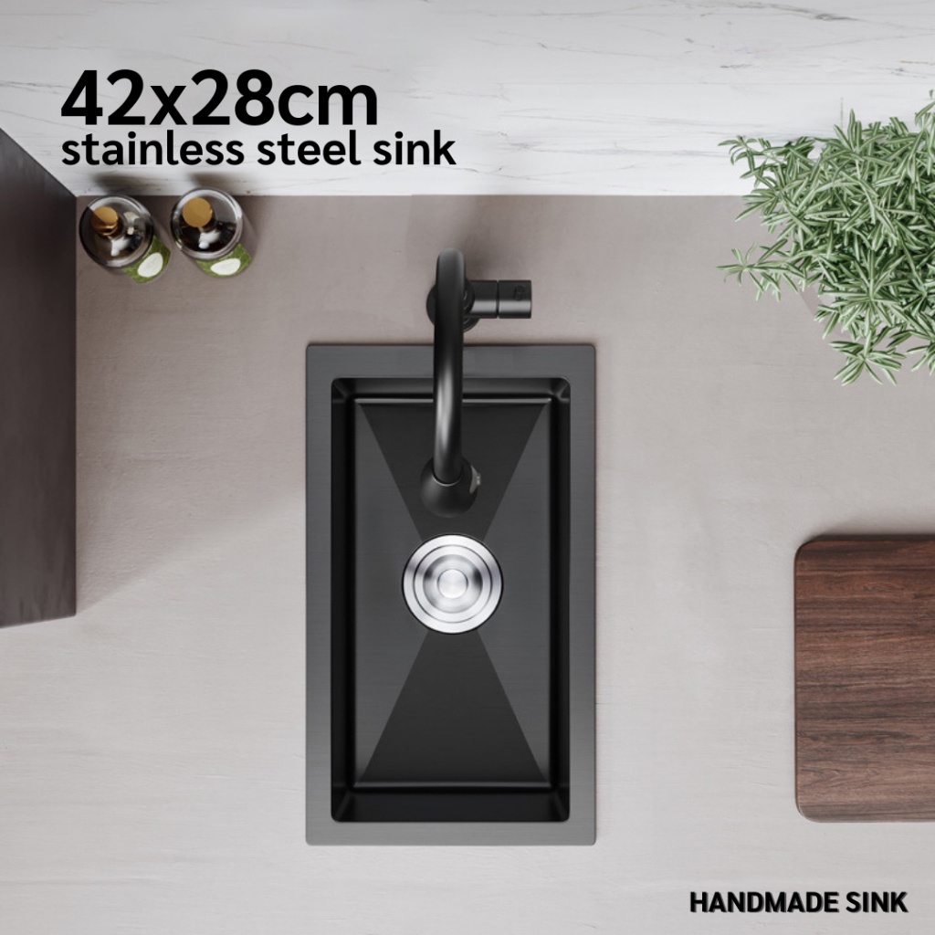 ซิงค์ล้างจาน อ่างล้างจาน 1หลุม วัสดุสแตนเลส304 เคลือบนาโนสีดำ ขนาด42x28 black stainless steel sink SUS304