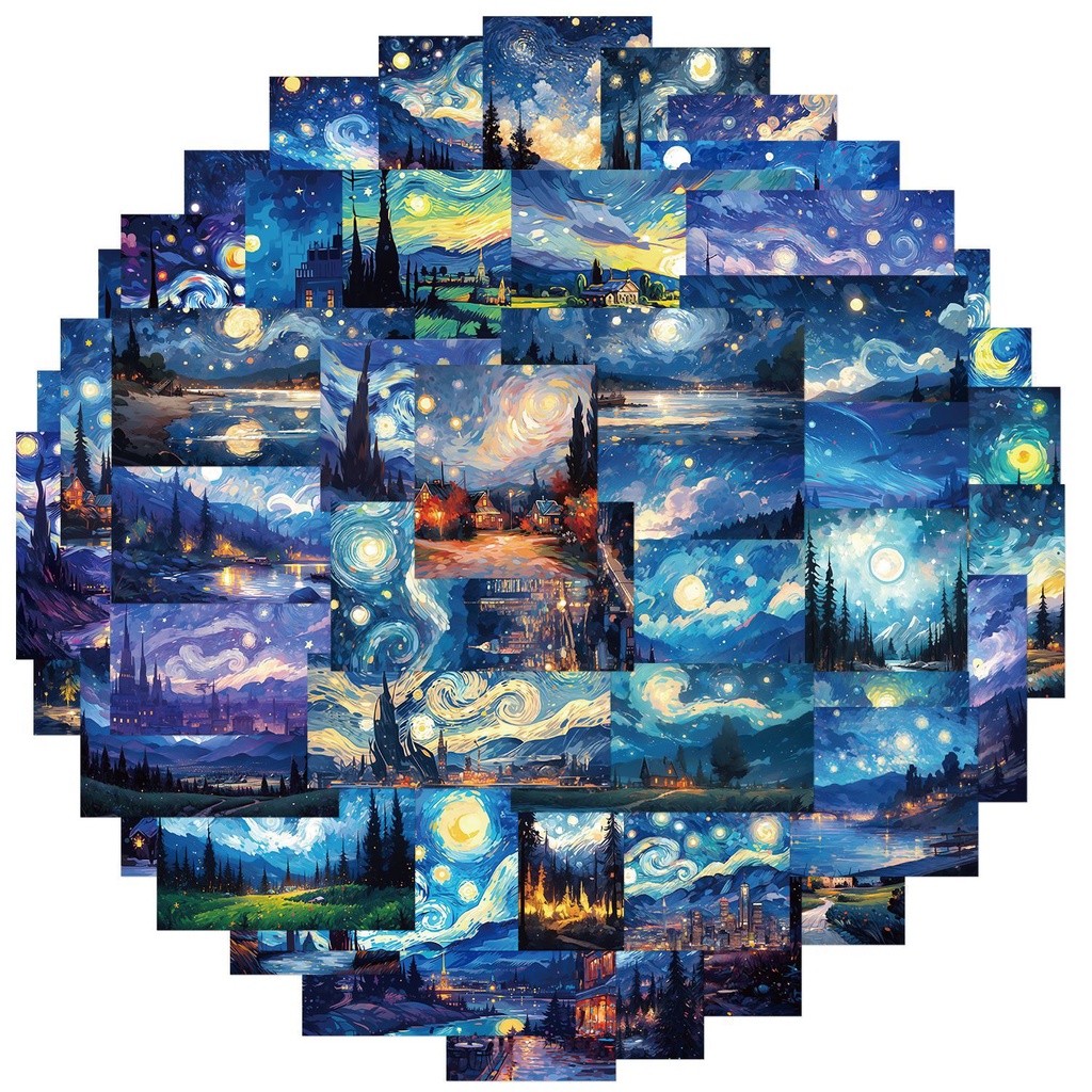 สติกเกอร์ ลายการ์ตูน Van Gogh The Starry Night กันน้ํามัน สําหรับตกแต่งหมวกกันน็อค จักรยาน 50 ชิ้น
