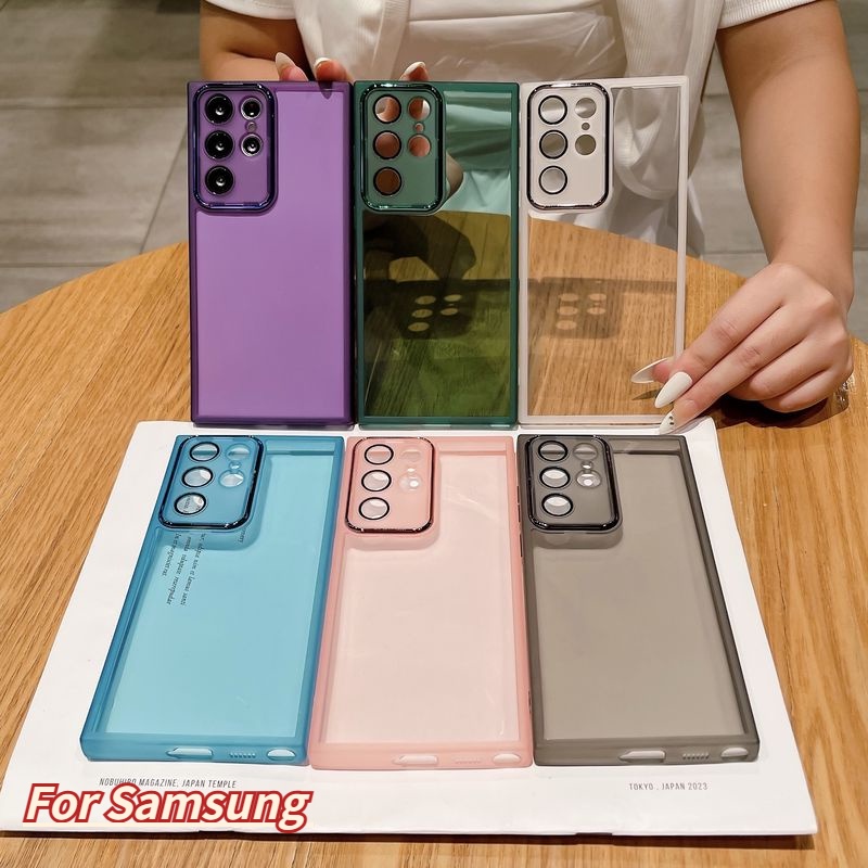 Square Soft เคสป้องกันสําหรับ Samsung Galaxy S24 Plus Ultra S23 S24+ S24Ultra Samsungs24 FE โปร่งใสเคสโทรศัพท์แฟชั่นคู่เชลล์เลนส์กันกระแทกฝาหลัง S24FE