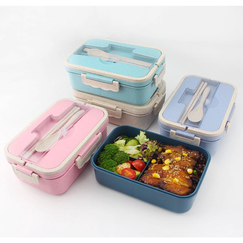 กล่องข้าว กล่องข้าวไมโครเวฟ กล่องใส่อาหาร ​พร้อมอุปกรณ์ช้อนตะเกียบสแฟางข้าว กล่องข้าวฟางข้าวสาลี 3 ช่องแบ่ - รูปที่ 6