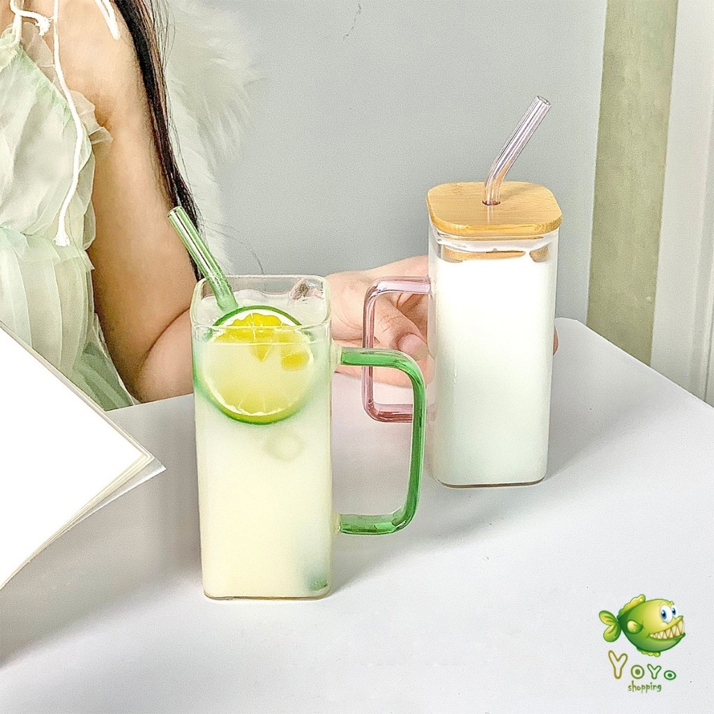YOYO แก้วทรงสี่เหลี่ยม พร้อมฝาปิด และ หลอดดูด  ถ้วยน้ำผลไม้  400ml Glass coffee cup