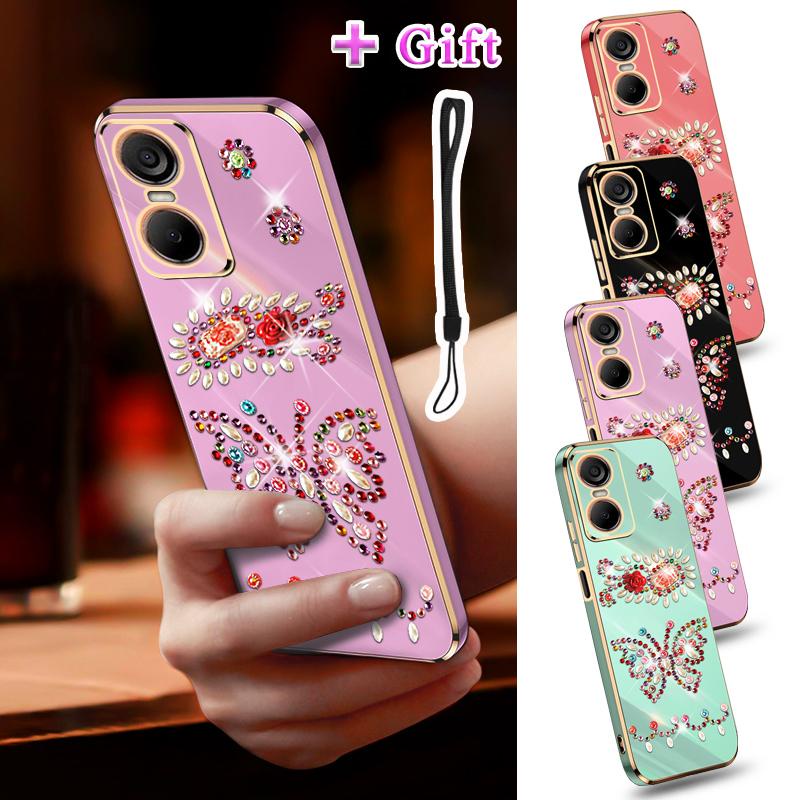 สําหรับ Tecno Pop 6 Pro BE8 BE8i เคสโทรศัพท์ชุบทองชุบ DIY อิฐฝังสติกเกอร์การ์ตูน