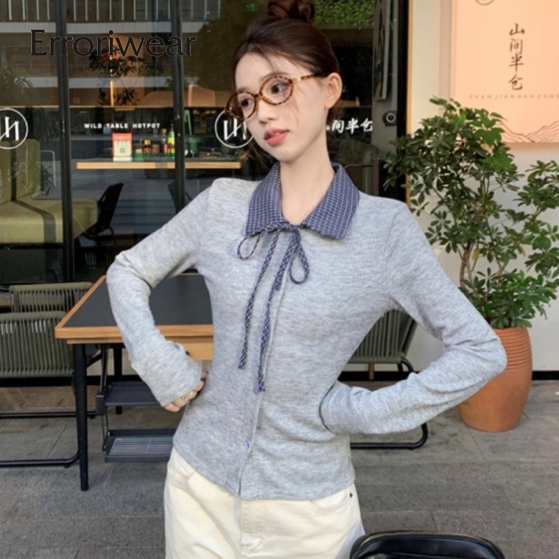ผู้หญิงเสื้อลำลองสีทึบปี2025 เปิดลงคอปกแขนยาวสลิมฟิต