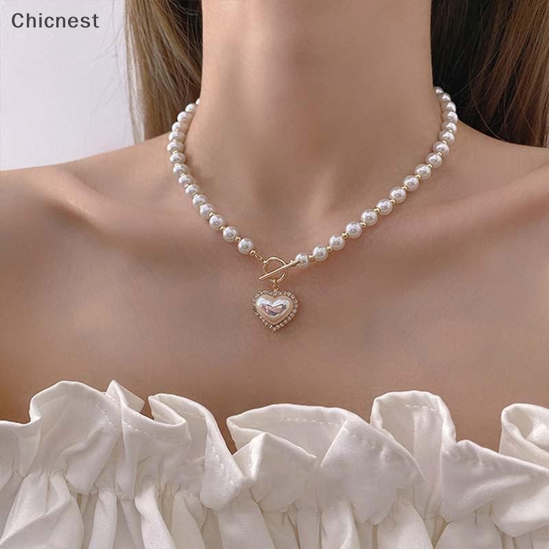 [Chc] เครื่องประดับหรูหราเกาหลีสร้อยคอมุกสุภาพสตรี Rhinestone จี้หัวใจเปลือกหอย [VN]