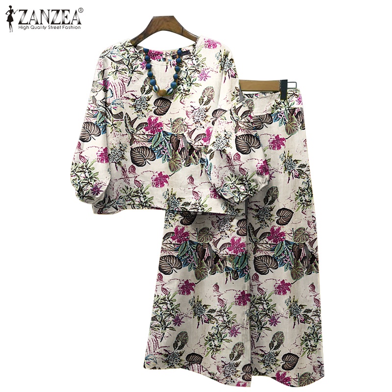 Zanzea ชุดเสื้อแขนโคมไฟ 3/4 ผ้าฝ้าย ผ้าลินิน พิมพ์ลาย สไตล์วินเทจ สําหรับผู้หญิง