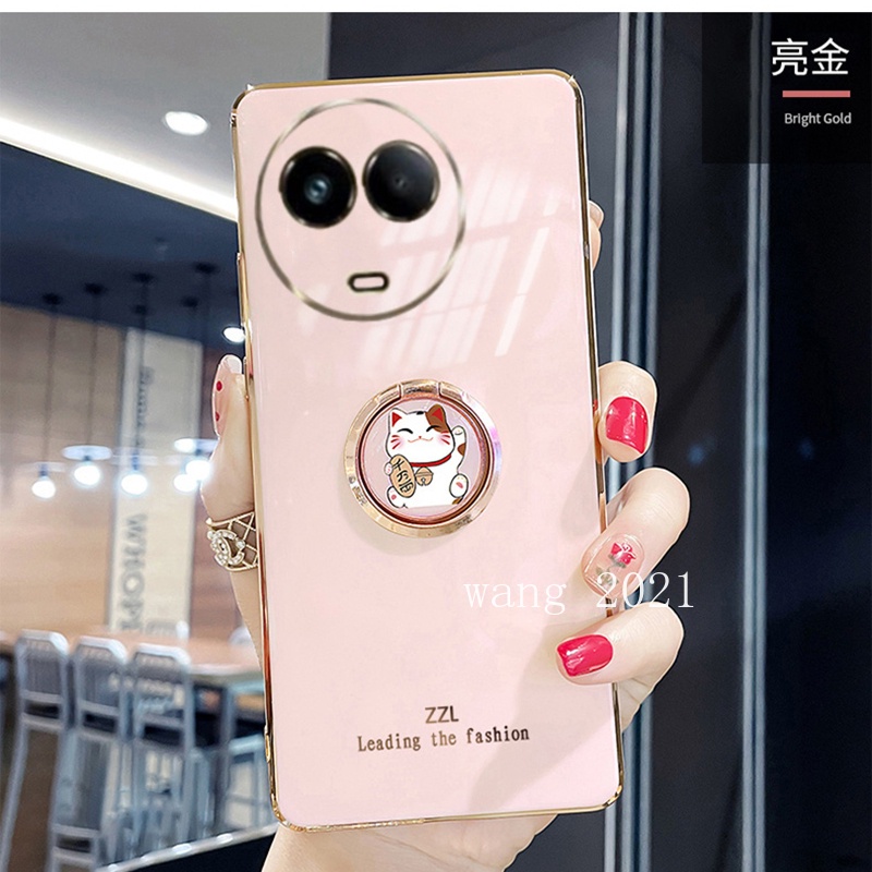 ใหม่ เคสโทรศัพท์มือถือแบบนิ่ม ชุบไฟฟ้า ขอบตรง ลายแมว พร้อมขาตั้ง สําหรับ Realme 11X Realme11 C51 NFC 11 5G 2023 Realme11X 5G