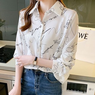 เสื้อเชิ้ต ผ้าชีฟอง พิมพ์ลาย ทรงหลวม เข้ากับทุกการแต่งกาย แฟชั่นฤดูใบไม้ผลิ และฤดูใบไม้ร่วง สไตล์ฮ่องกง สําหรับผู้หญิง 2023