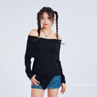 Mymiss1- เสื้อยืดแขนยาว เปิดไหล่ ผ้าถัก ทรงสลิมฟิต สีพื้น สําหรับผู้หญิง