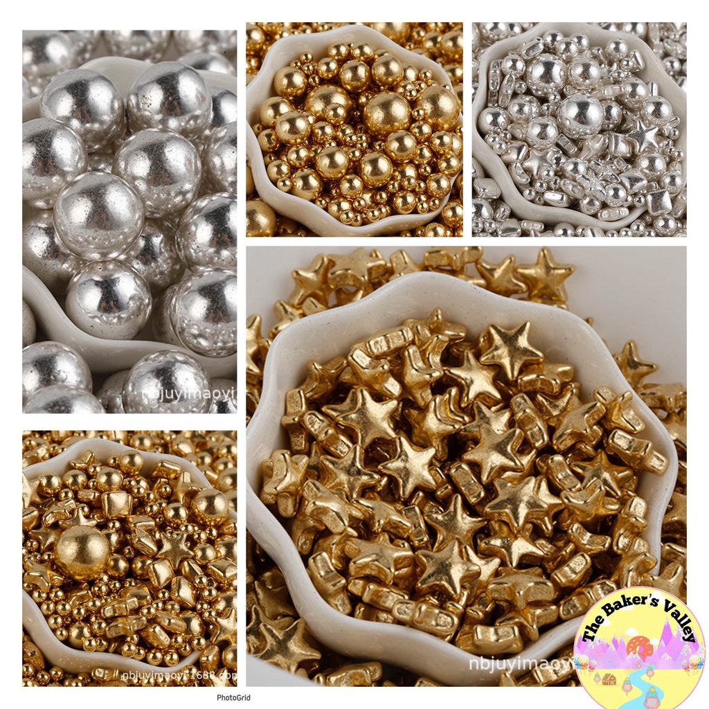 พร้อมส่งในไทย น้ำตาลตกแต่งเค้ก คัพเค้ก เม็ดมุกน้ำตาล ของแต่งเค้ก เบเกอรี่ สีทอง เงิน ขนาด 30/50/100 กรัมจ.
