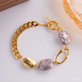 0906LSSP Ins European and American Entry Lux High Temperament Lady Cuban Link Chain Baroque Pastel Natural Pearl Irregular Square Plate Bracelet WVWH