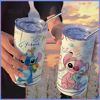 🥤Animation Peripheral Limited Water Cup🥤 กระติกน้ําร้อน สเตนเลส ลายการ์ตูน Stitch Angel พร้อมหลอดดูด แบบพกพา คุณภาพสูง สําหรับผู้หญิง