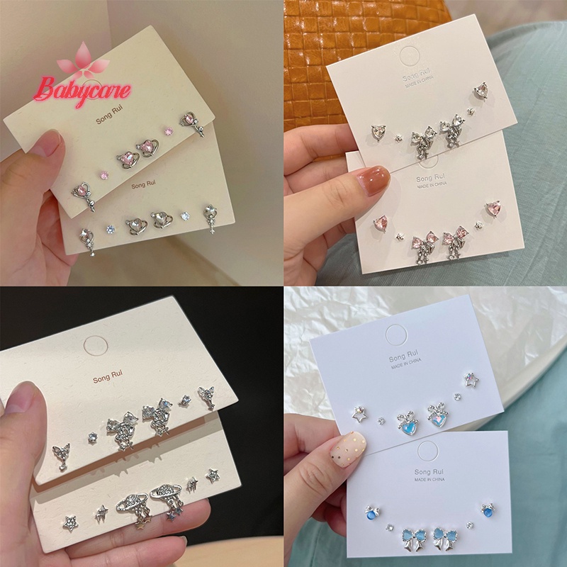 Byce> 6 ชิ้น / เซต แฟชั่น หัวใจ โบ เพทาย ต่างหูสตั๊ด สําหรับผู้หญิง บุคลิกภาพเกาหลี ต่างหู เรียบง่าย งานแต่งงาน เครื่องประดับ ของขวัญ ใหม่