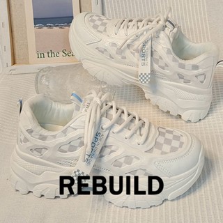 REBUILD รองเท้าผ้าใบผู้หญิง สีขาว พื้นหนา รองเท้าผ้าใบส้นสูงส้นหนา รองเท้าแฟชั่น ผูกเชือก 2023 NEW FYD2390HA6 37Z230911