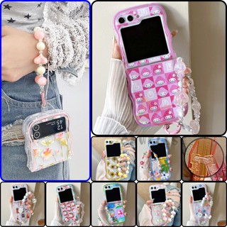 เคสโทรศัพท์มือถือ ซิลิโคนนิ่ม TPU ใส ขอบหยัก พิมพ์ลาย พร้อมสายคล้องมือ สําหรับ Samsung Galaxy Z Flip 5 Z Flip 4 Z Flip 3