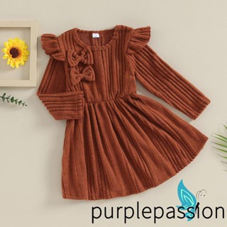 Purplepassion- ชุดเดรสถัก แขนยาว ทรงเอ ลําลอง คอกลม แต่งโบว์ แฟชั่นฤดูใบไม้ร่วง สําหรับเด็กผู้หญิง