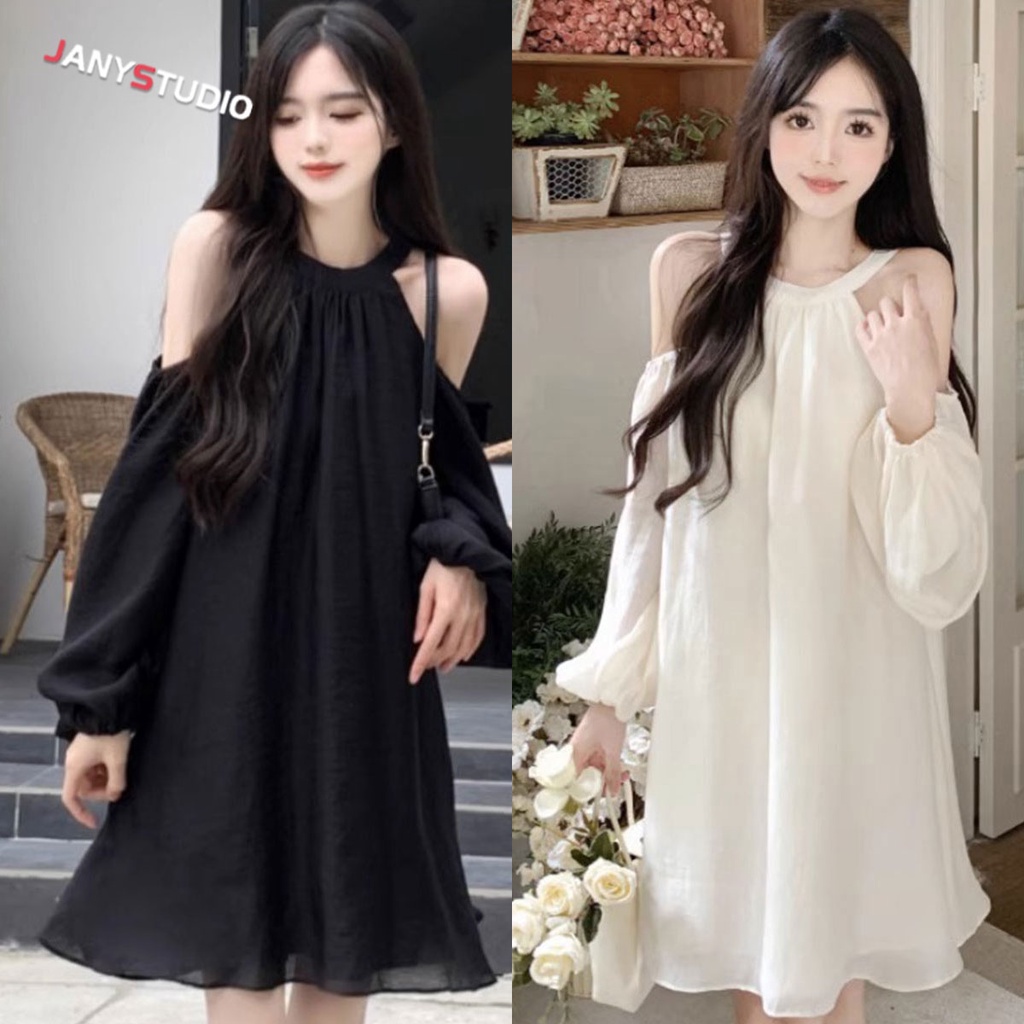 พร้อมส่ง เดรสเเขนยาวปาดไหล่ ทรงน่ารัก ทรงหลวมใส่สบาย