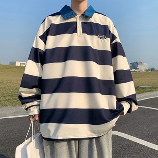 เสื้อยืดโปโลแขนยาว คอปก ทรงหลวม ลายทาง เข้ากับทุกการแต่งกาย แฟชั่นฤดูใบไม้ผลิ สําหรับผู้ชาย