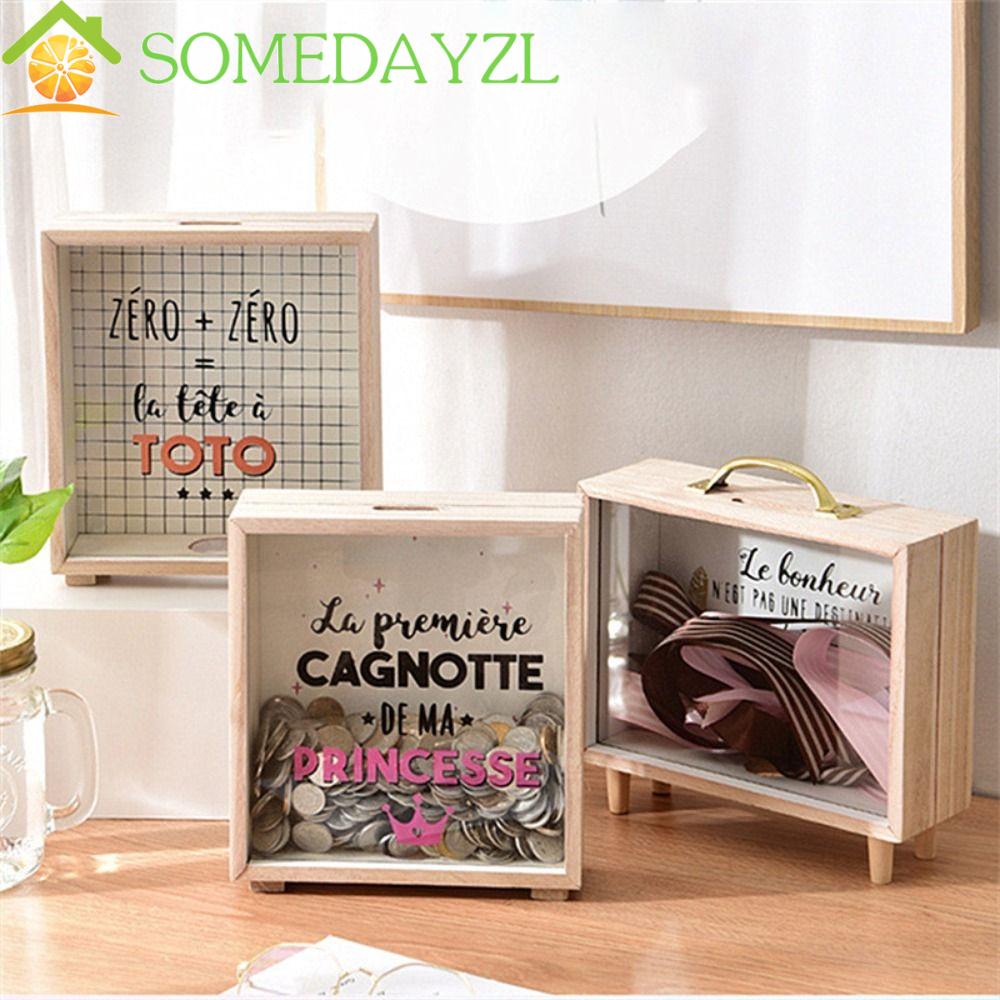 Somedayzl ถังออมสินไม้ ทรงสี่เหลี่ยม สร้างสรรค์ สําหรับเด็ก พร็อพถ่ายภาพ ตั้งโต๊ะ กล่องเงิน