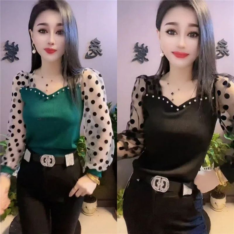 เสื้อยืดแขนยาว คอวี ผ้าตาข่าย แบบโปร่ง แฟชั่นฤดูร้อน สําหรับผู้หญิง