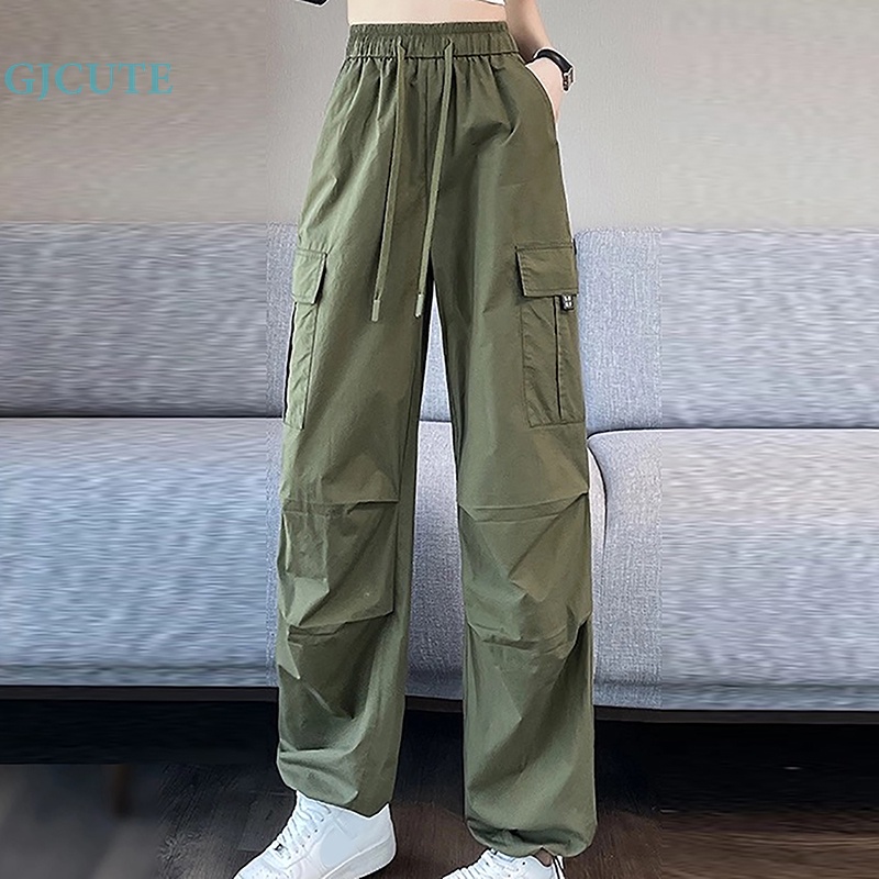 Gjcute กางเกงคาร์โก้ ขายาว เอวสูง ผ้ายืด ทรงหลวม มีกระเป๋า ขนาดใหญ่ สําหรับผู้หญิง WTD