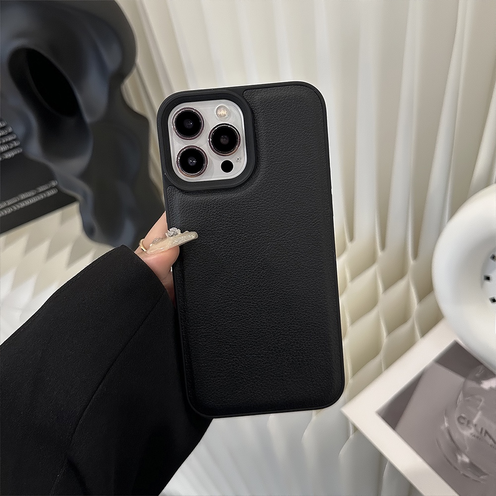 หรูหราลายลิ้นจี่สีดําหนัง ปู่ เคสโทรศัพท์สําหรับ ไอโฟน 17 16 มือโปร สูงสุด 12 13 14 15 โปรแม็กซ์ 11ปลอกกันกระแทกหญิงชายสีทึบธุรกิจแฟชั่นปกหลัง