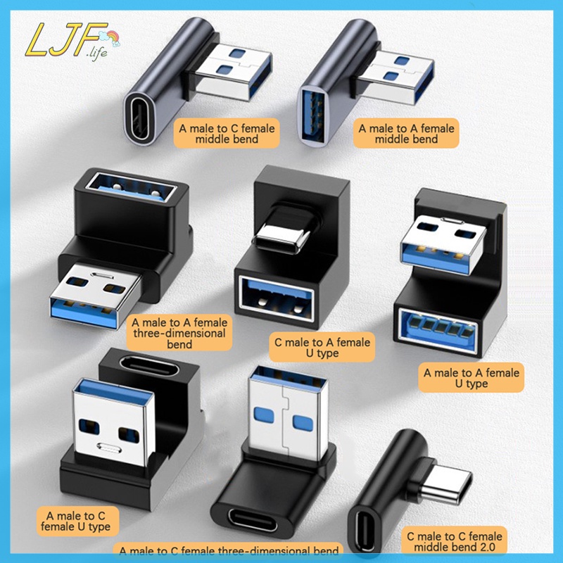 Ljf อะแดปเตอร์ USB-A 90 องศา เป็น USB A A 3.0 ตัวผู้ เป็น USB Type C สําหรับคอมพิวเตอร์
