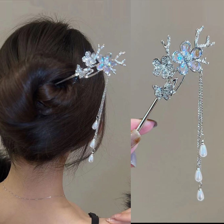 กิ๊บติดผมโลหะ ประดับพู่ โอปอล ลายดอกไม้ สไตล์จีนโบราณ สําหรับผู้หญิง