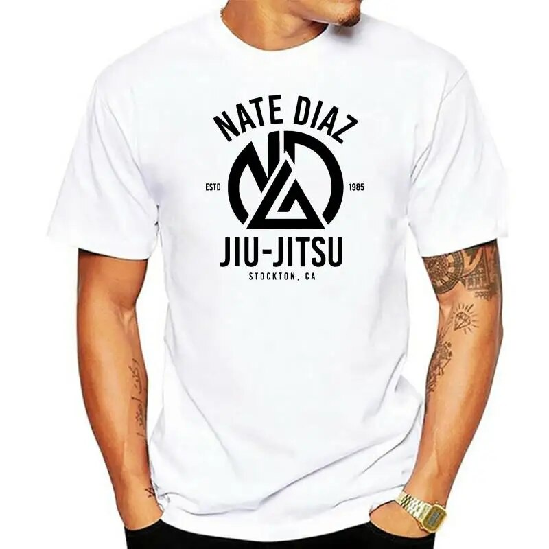 Nate Diaz เสื้อยืด Nate Diaz Jiu Jitsu MM A โลโก้เสื้อยืดสีขาวสําหรับผู้ชาย-ผู้ชาย