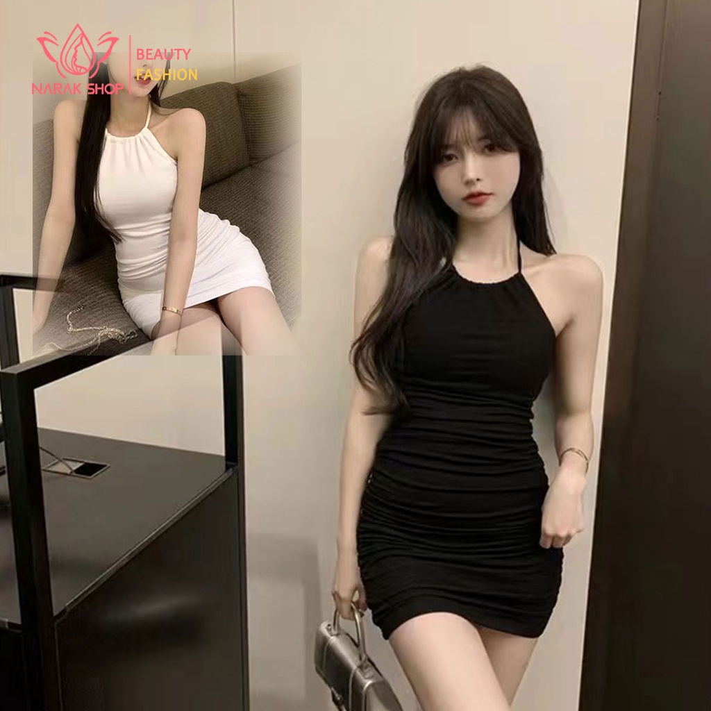 ชุดเดรสรัดรูปผูกคอเซ็กซี่สุด งานโชว์หลัง เดรสกระโปรงสั้นสีพื้น