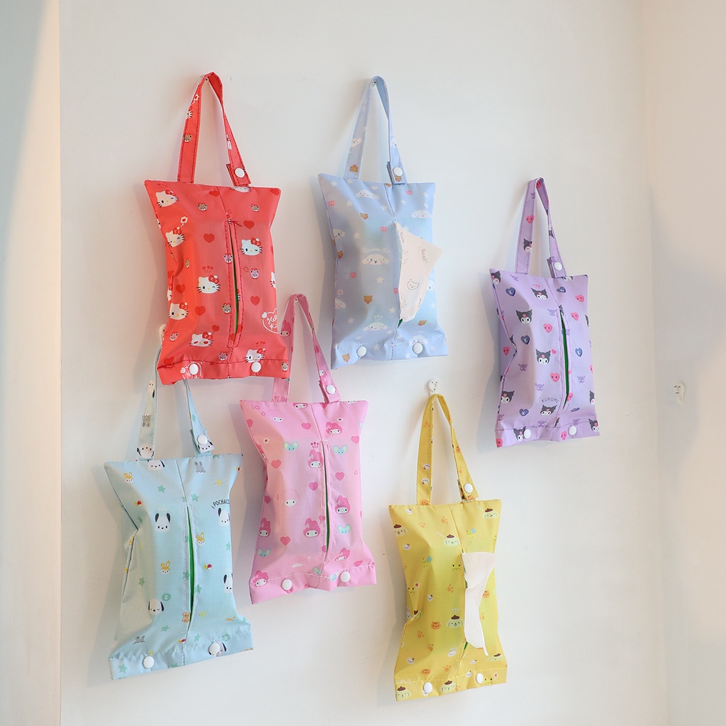 กล่องทิชชู่ แบบแขวน ลายการ์ตูน Melody Kuromi กันน้ํา ของใช้ในครัวเรือน สําหรับแขวนในรถยนต์