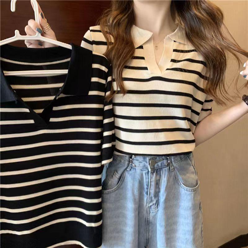 SELL เสื้อแฟชั่นผู้หญิง เสื้อแขนสั้นคอปก ไหมพรม ผ้ายืดใส่สบาย สไตล์เกาหลี