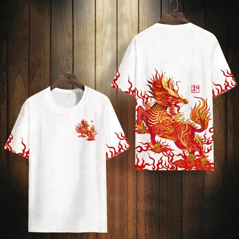 เสื้อยืดแขนสั้น ผ้าเรยอน แบบบาง เข้ารูป พิมพ์ลาย KIRIN เข้ากับทุกการแต่งกาย แฟชั่นฤดูร้อน สไตล์จีน สําหรับผู้ชาย