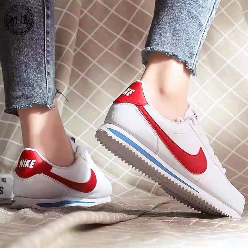 ♞,♘,♙Couple Shoes Nike Cortez Leather Women and Men Classic Forrest Gump Running Shoes Sports [White Red]