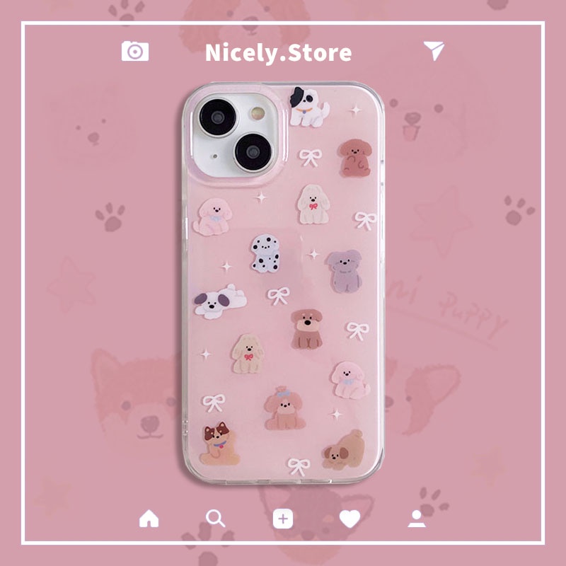 น่ารักลูกสุนัขสุนัข Bowknot สีชมพูเคสโทรศัพท์สําหรับ iPhone 15 14 13 12 Pro Max 11 กันกระแทก IMD โทรศัพท์มือถือฝาหลังปลอก