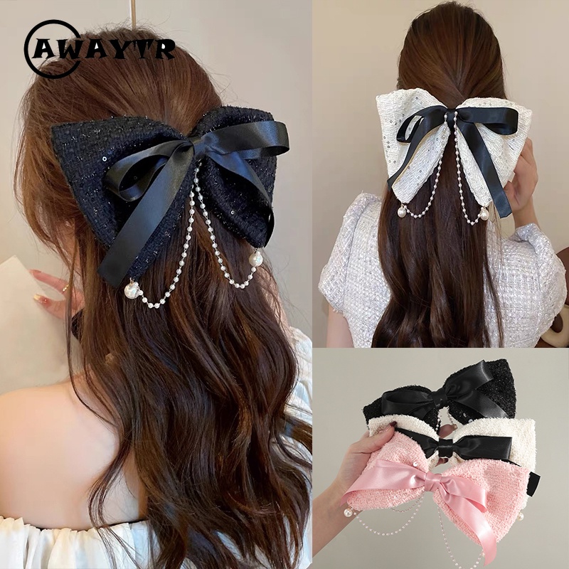 Awaytr กิ๊บติดผม ประดับเลื่อม โบว์ แฟชั่นฤดูใบไม้ผลิ สําหรับผู้หญิง 20 ซม.