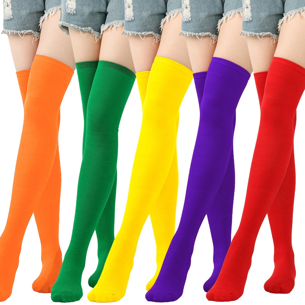 ถุงน่อง ความยาวเหนือเข่า ผ้าฝ้าย และผ้ากํามะหยี่ แบบยืดหยุ่น สีแคนดี้ สําหรับผู้หญิง
