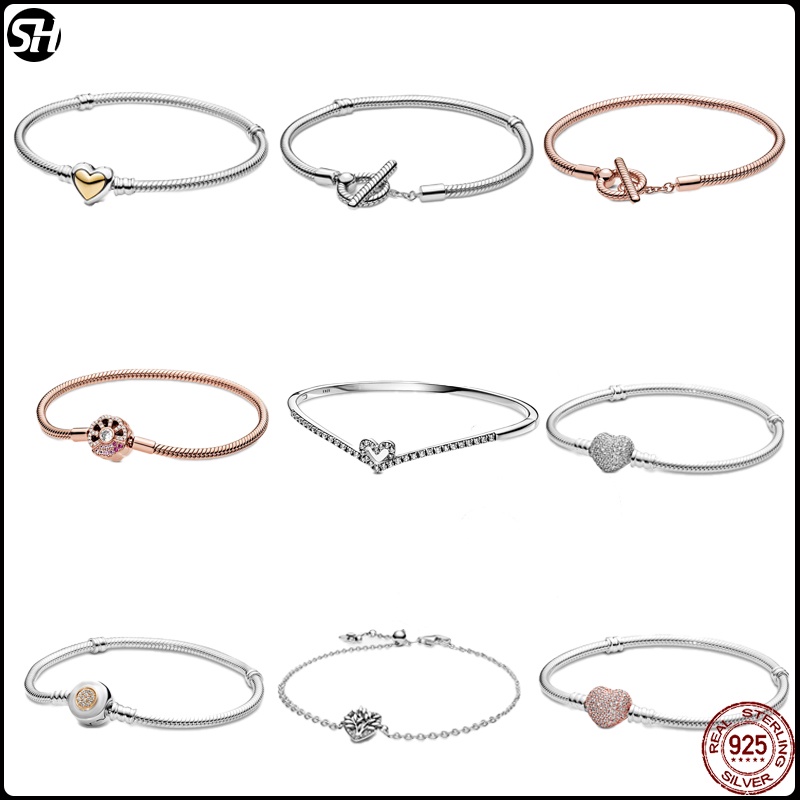 925 สร้อยข้อมือเงิน DIY Charms เงินสเตอร์ลิงหัวใจ T-Bar Cuff CHAIN ประกายสีฟ้า Disc Clasp งูสร้อยข้อมือผู้หญิงเครื่องประดับ
