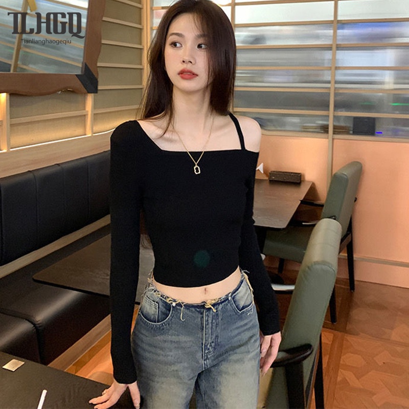 Tian-lianghaogeqiu เสื้อครอป เสื้อยืดแขนยาว เปิดไหล่ ผ้าฝ้ายแท้ ทรงสลิมฟิต แฟชั่นฤดูใบไม้ร่วง