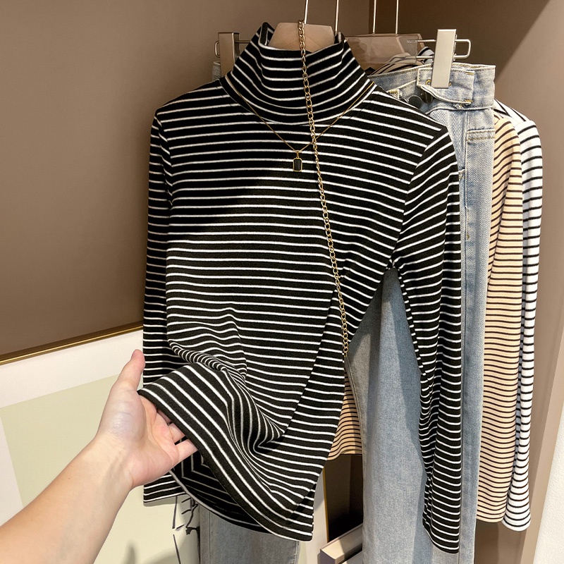 เสื้อยืดแขนยาว คอเต่า ผ้ากํามะหยี่ แบบหนา ลายทาง แฟชั่นฤดูใบไม้ร่วง และฤดูหนาว สไตล์เยอรมัน สําหรับผู้หญิง