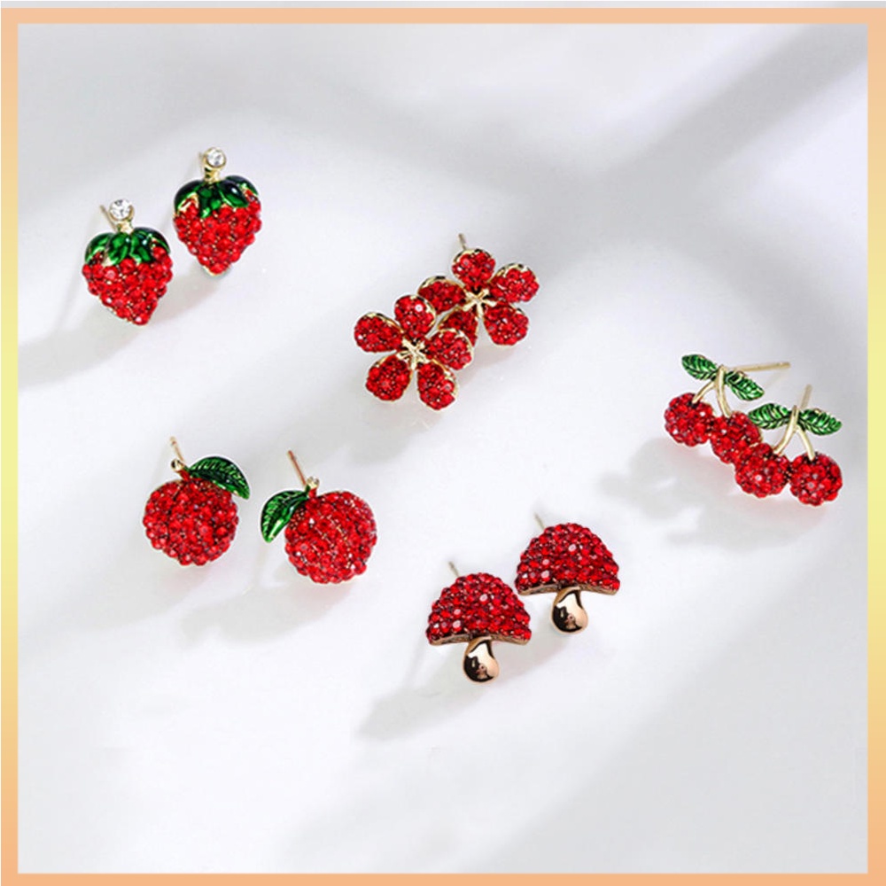 ต่างหูสตั๊ด จี้รูปเห็ด เชอร์รี่ สตรอเบอร์รี่ แอปเปิ้ล ดอกไม้ ผลไม้น่ารัก ประดับกลิตเตอร์ พลอยเทียม เครื่องประดับแฟชั่น เก๋ไก๋